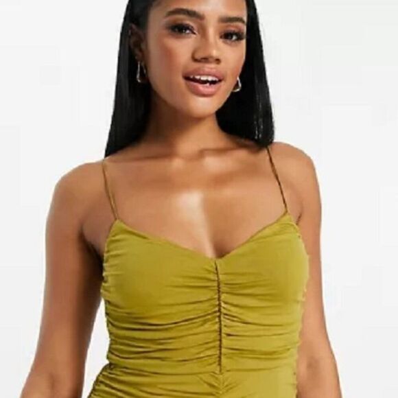 ASOS Design Cami Strappy Midi Dress Ruched Detail Gold Size US 06 - Picture 3 of 8